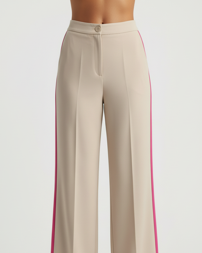 Beige wide-leg pants with a red stripe on a white background