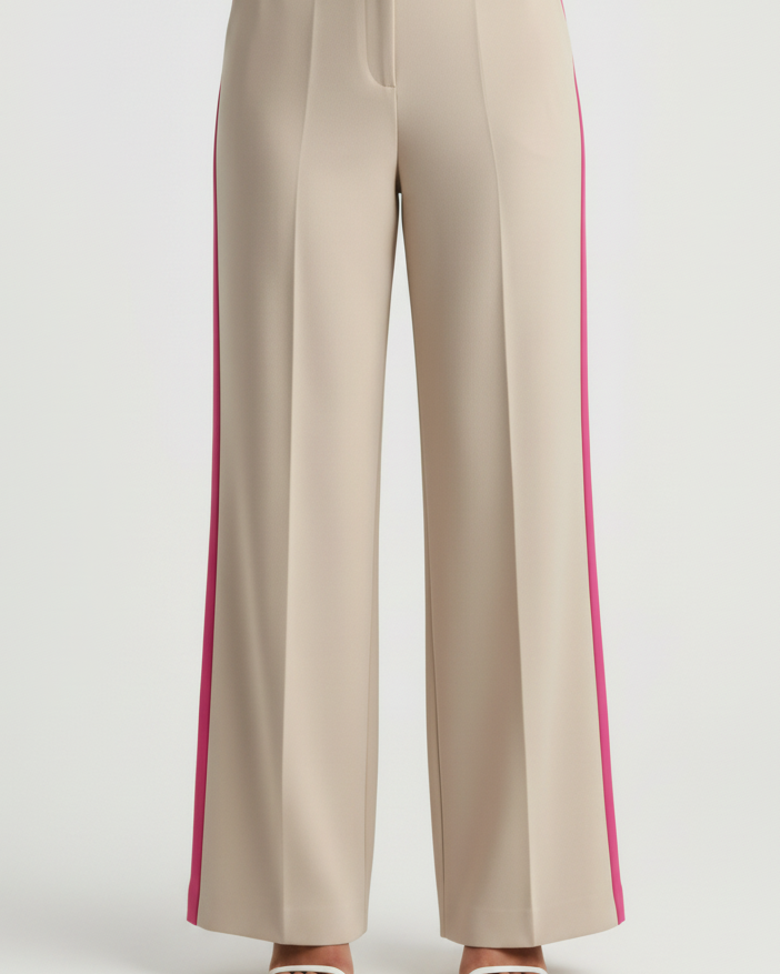 Beige wide-leg pants with a red stripe on a white background