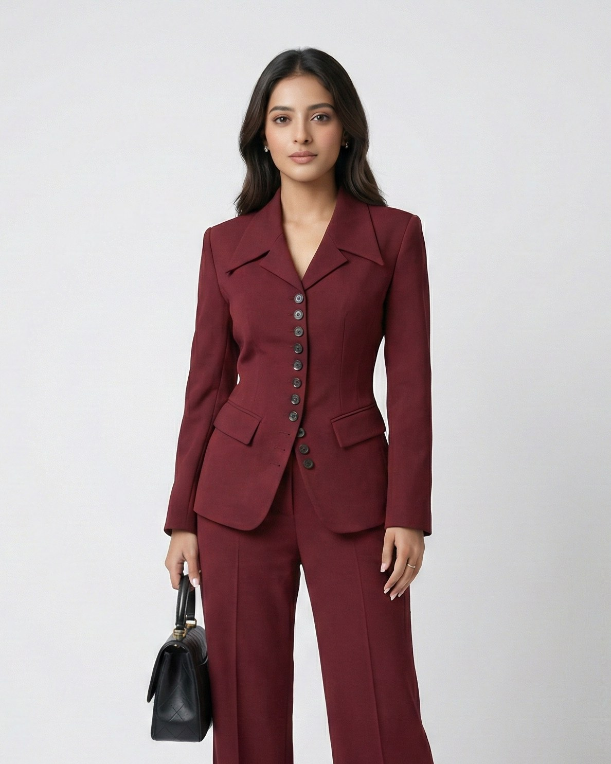 Woman wearing a burgundy suit holding a black handbag on a white background