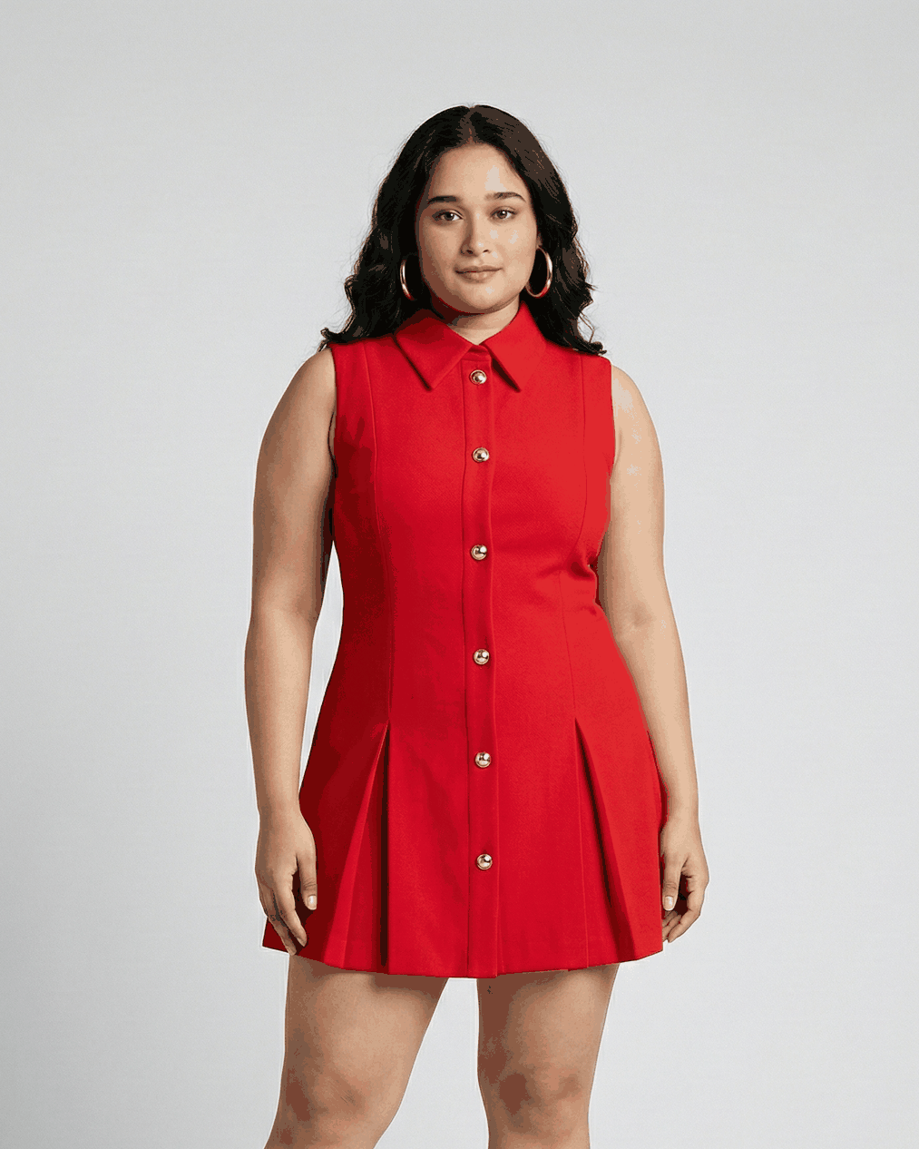 Red sleeveless button-front formal dress with pleated hem, full-length front view on a curvier model | Beyond Formals