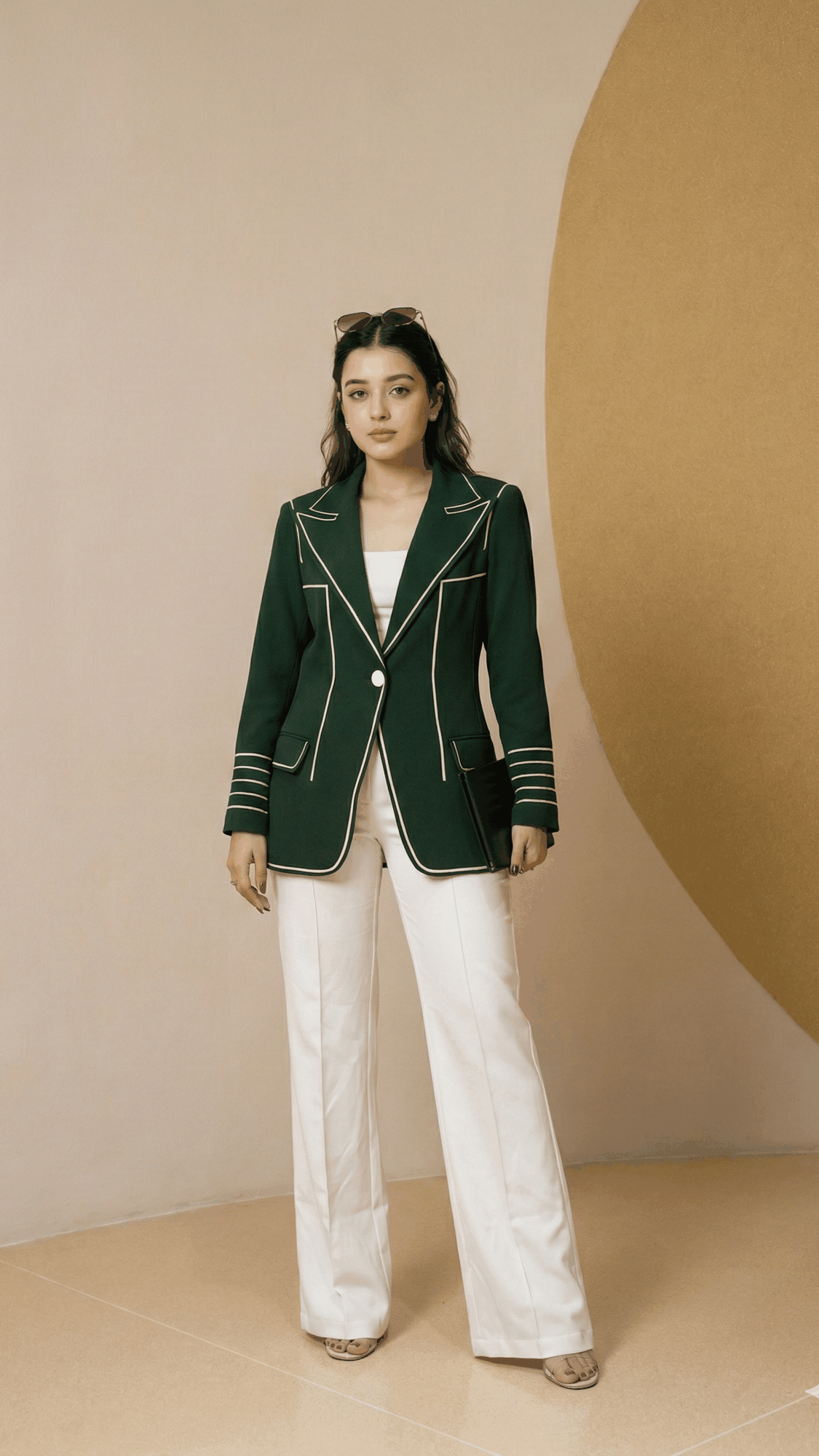 Dark Green Signature Line blazer with white piping and striped cuffs, with white trousers, front view | Beyond Formals