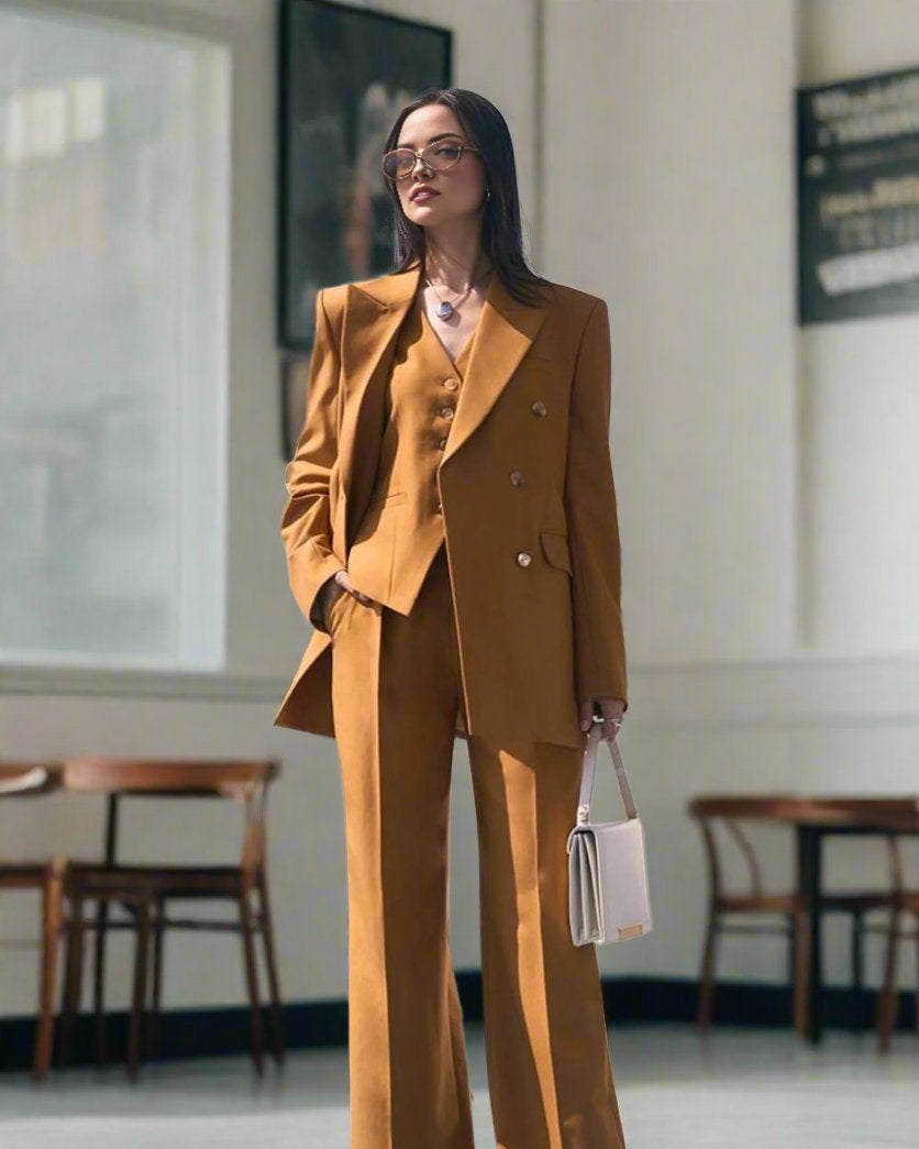brown oversized blazer suit set with high-waisted wide leg trousers.