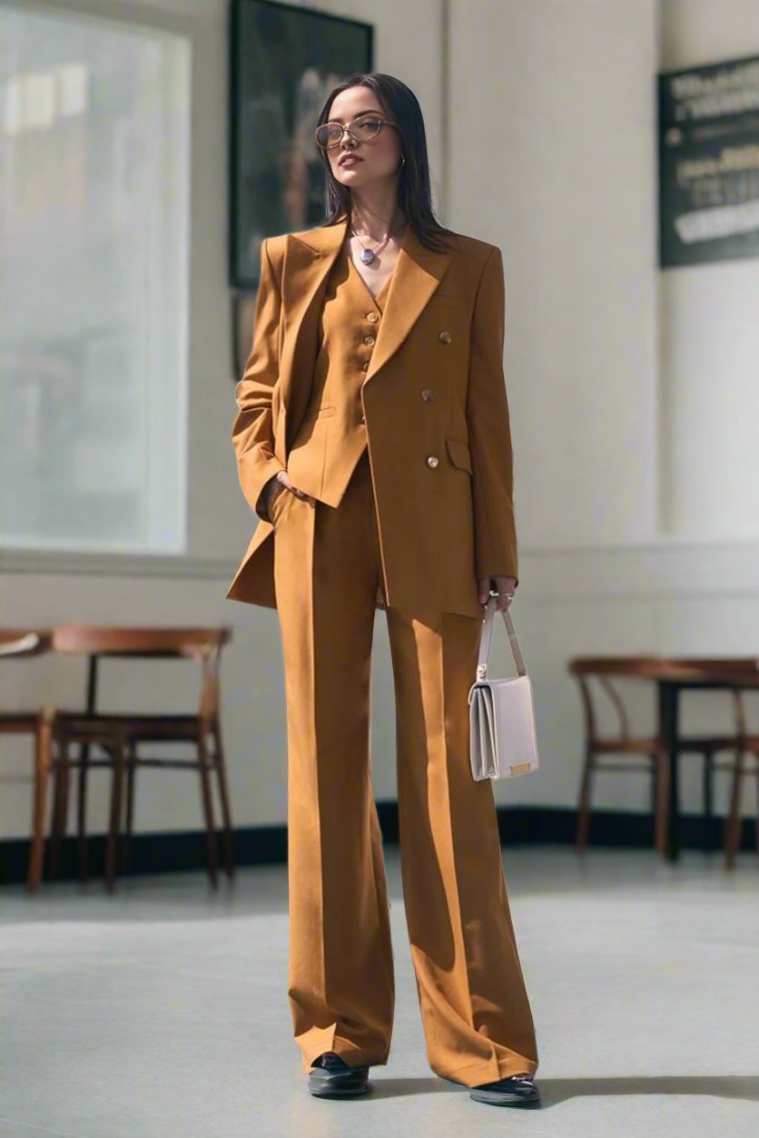 brown oversized blazer suit set with high-waisted wide leg trousers.