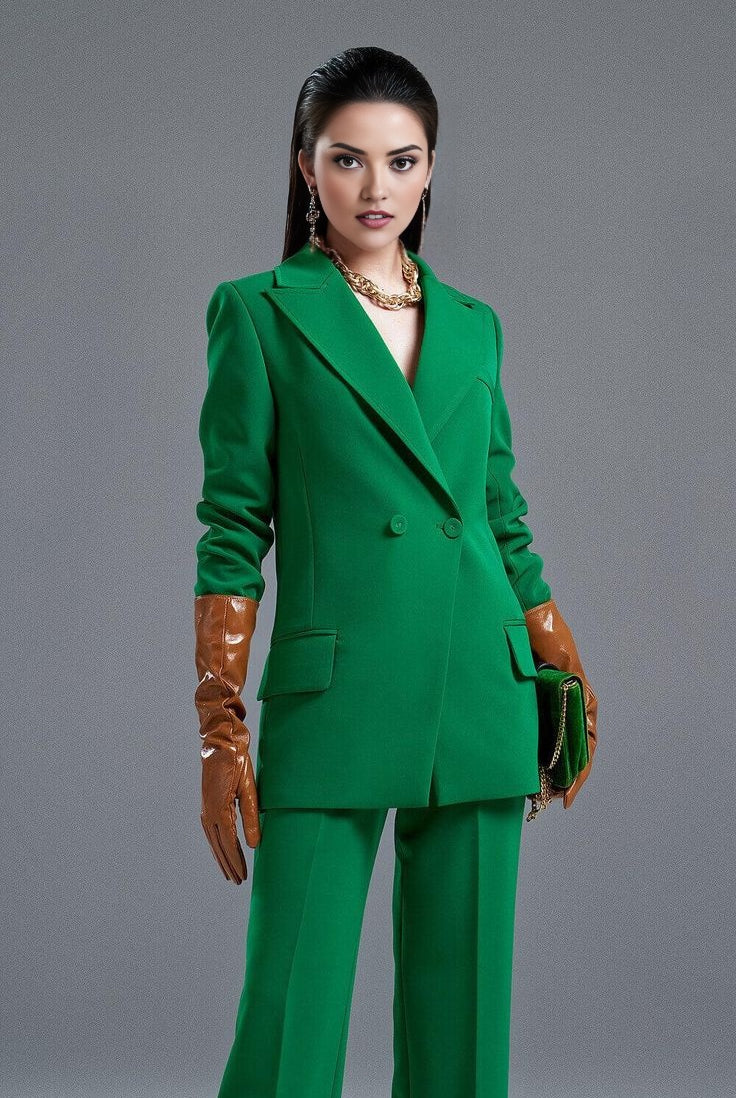 green plaid blazer suit set with padded shoulders and pleated pants.