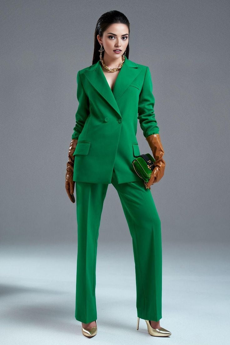 green plaid blazer suit set with padded shoulders and pleated pants.