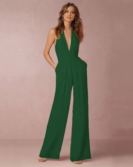 Green Wide Leg & Backless Halter Jumpsuit