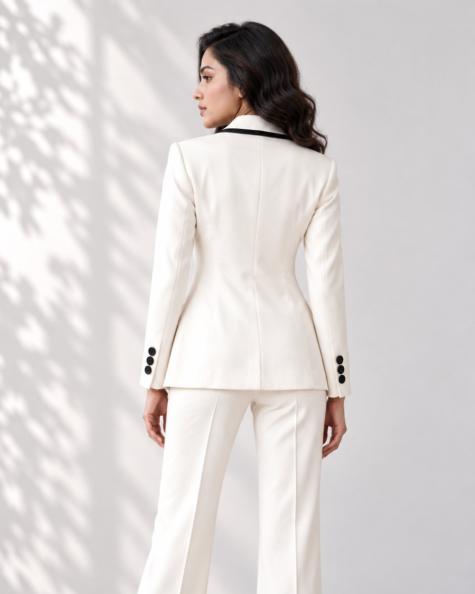 Beyond Formals ivory contrast-trim blazer suit, back view