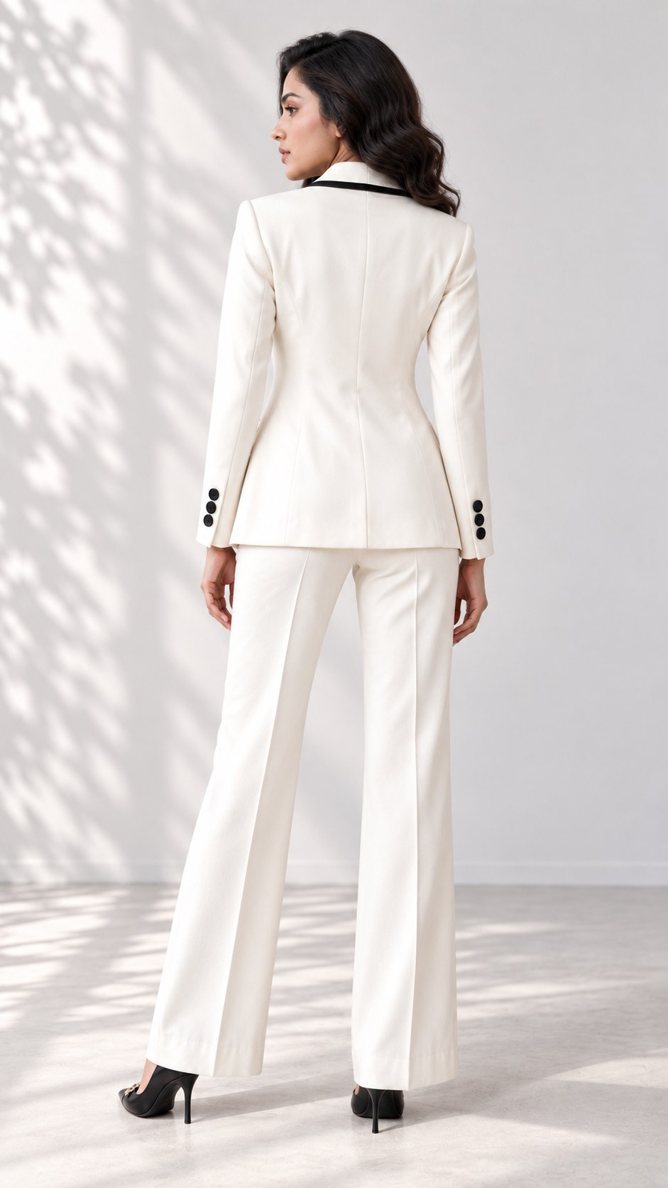 Ivory contrast-trim blazer suit set, back view showing structured shoulders | Beyond Formals