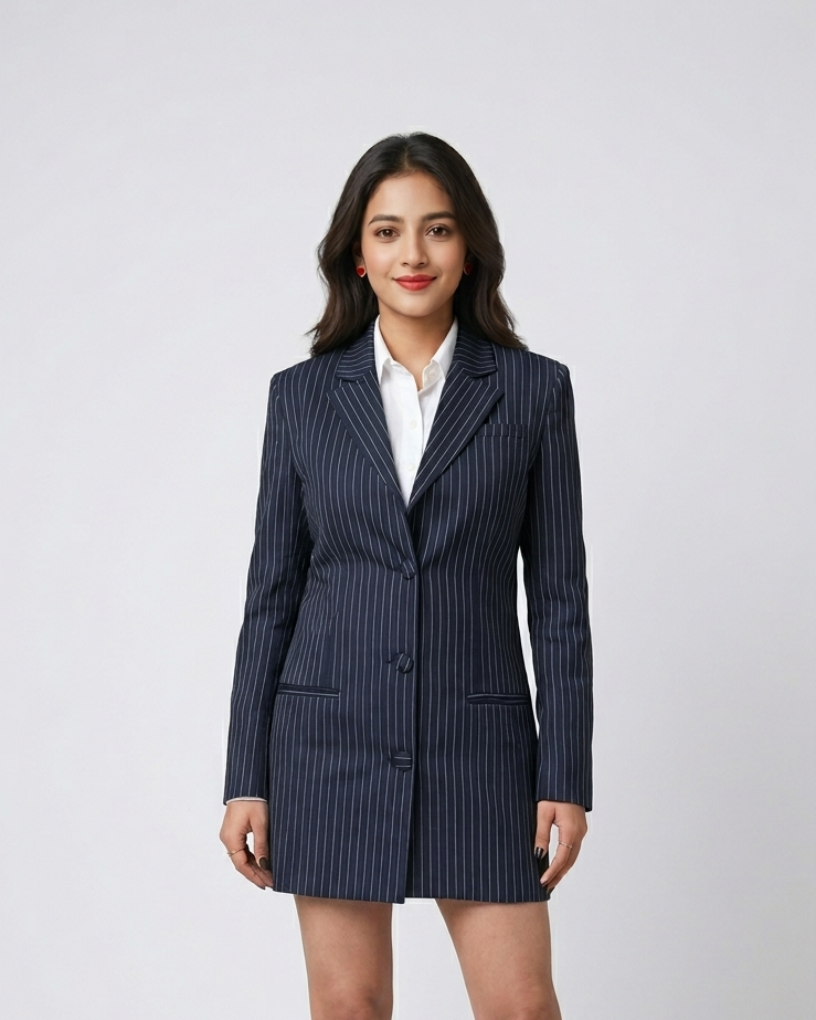 Woman wearing a pinstripe blazer and white boots on a white background