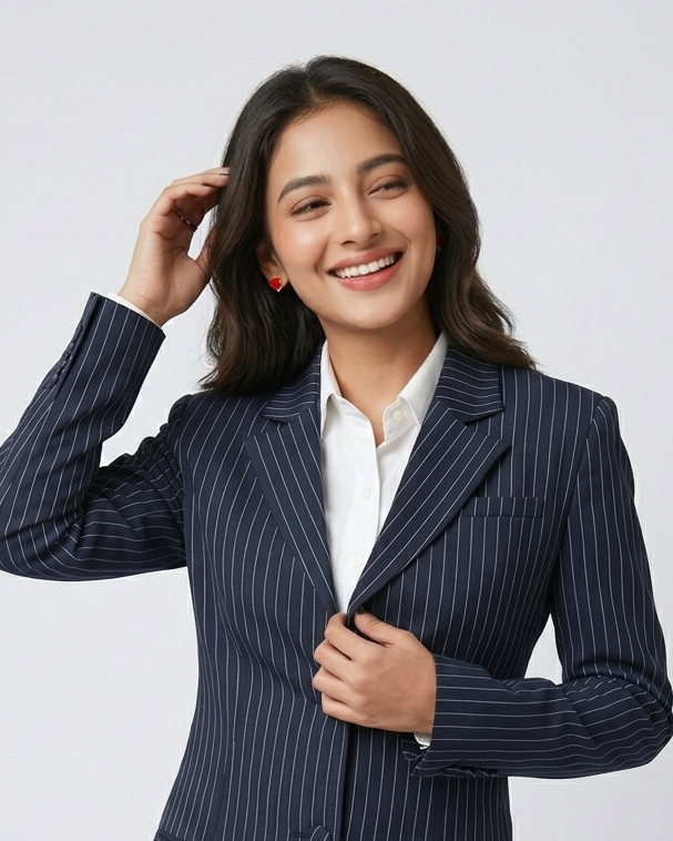 Woman wearing a navy pinstripe blazer over a white shirt on a light gray background