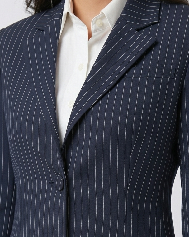 Navy pinstripe suit jacket on a white background