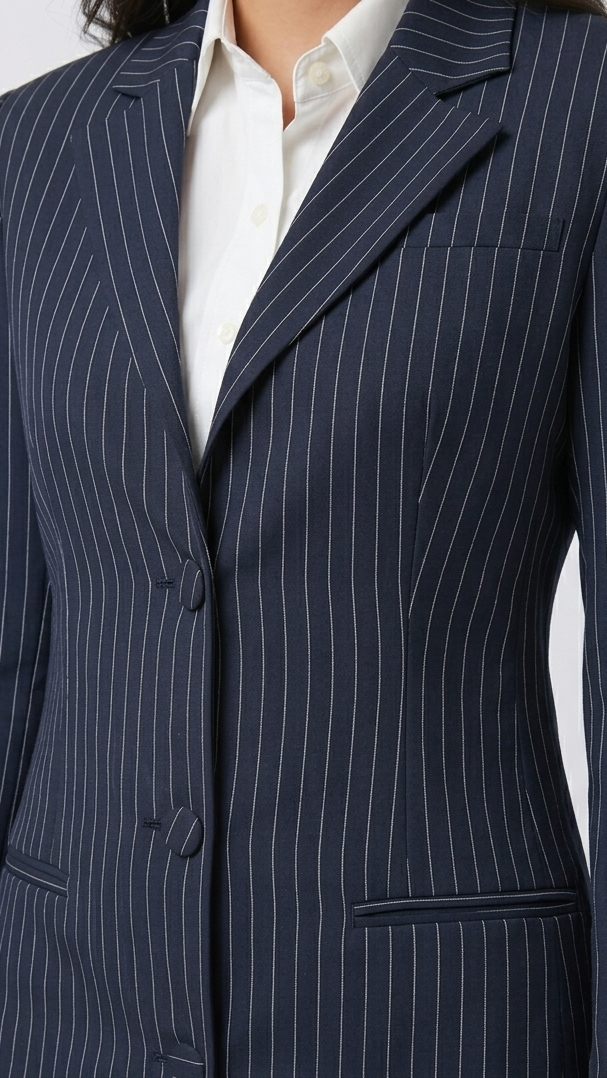 Navy pinstripe suit jacket on a white background