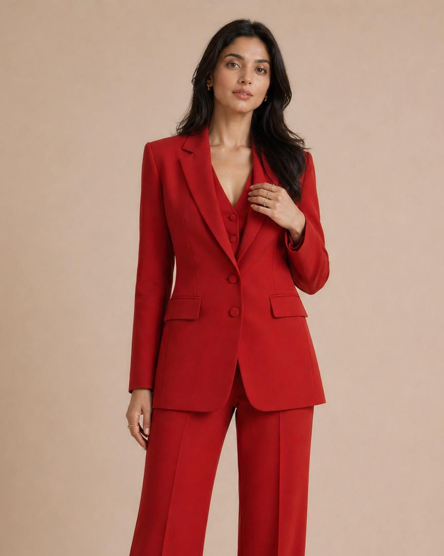 Woman wearing a red suit against a beige background