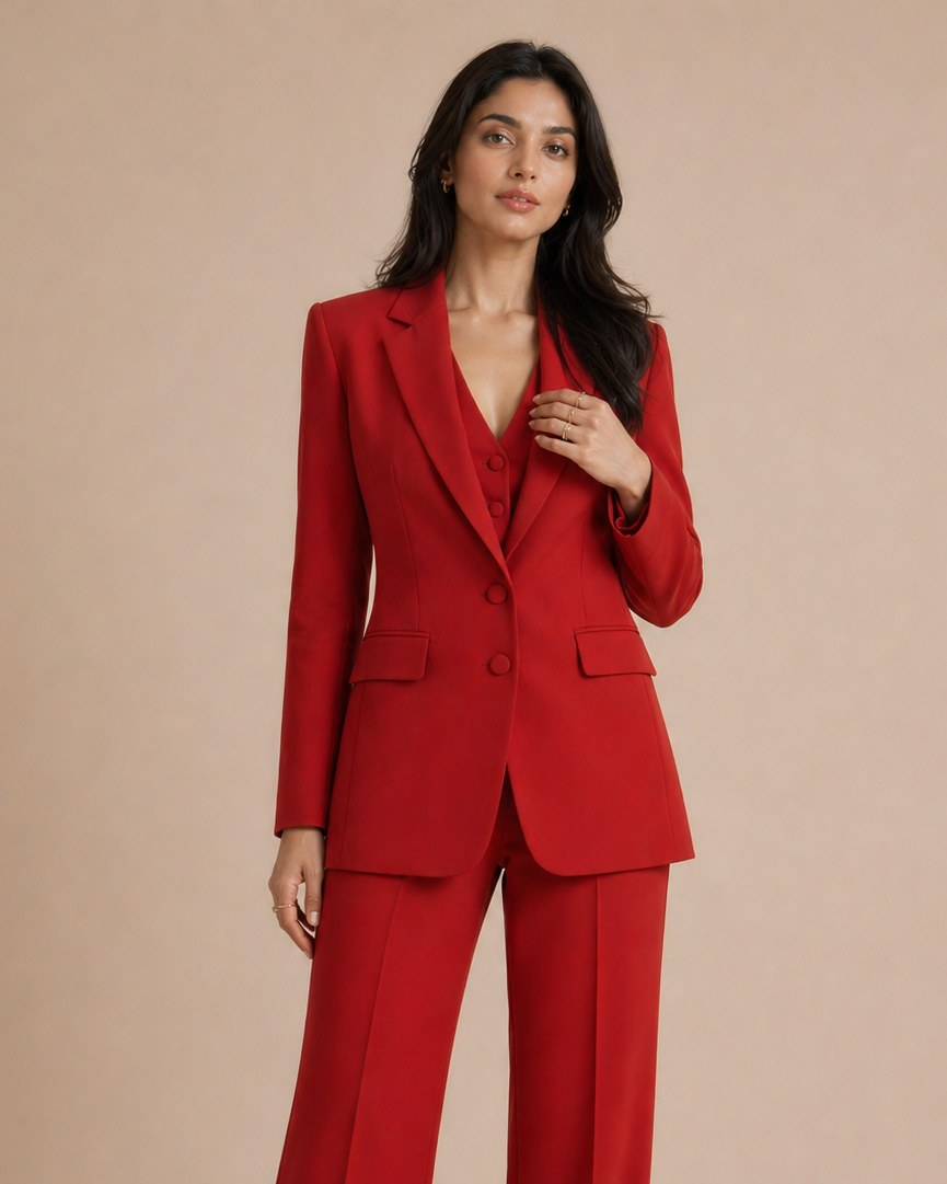Red single-breasted 3-piece blazer suit set, full front view with wide-leg trousers | Beyond Formals