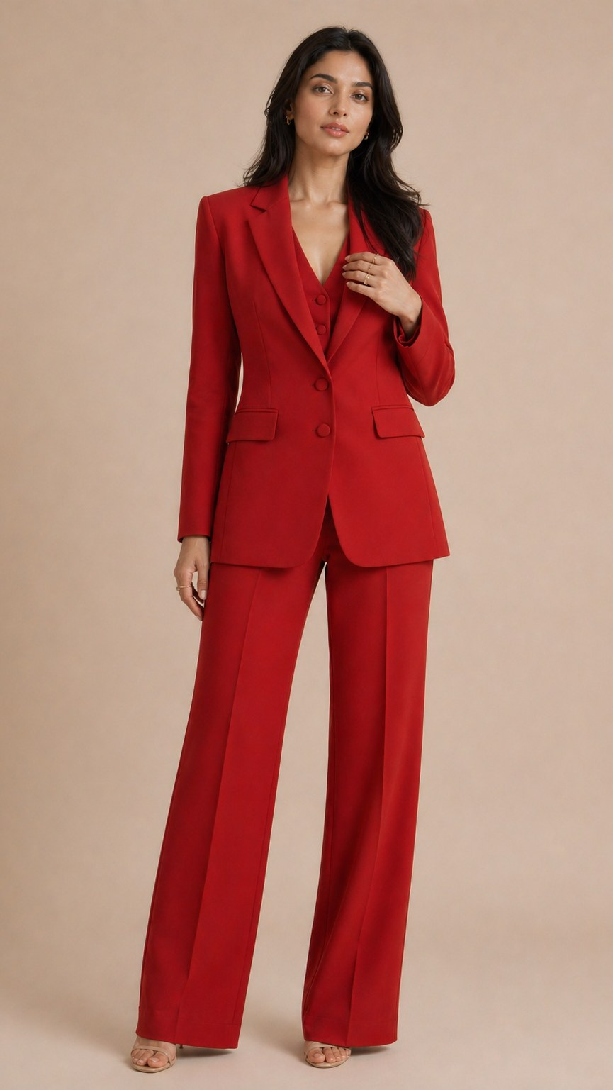 Red single-breasted 3-piece blazer suit set, full front view with wide-leg trousers | Beyond Formals