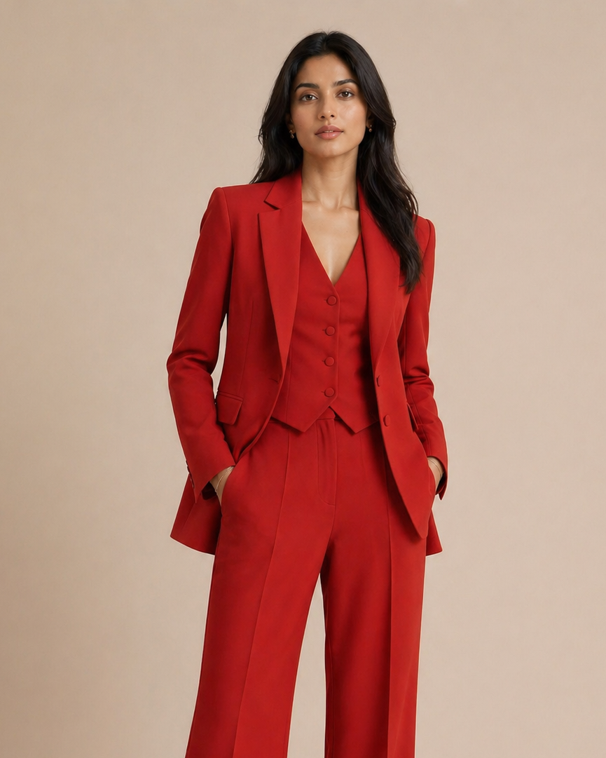 Woman wearing a red suit against a beige background
