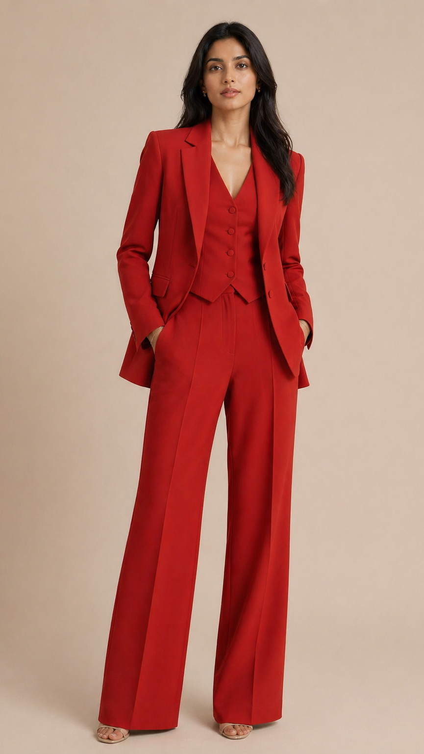 Woman wearing a red suit against a beige background