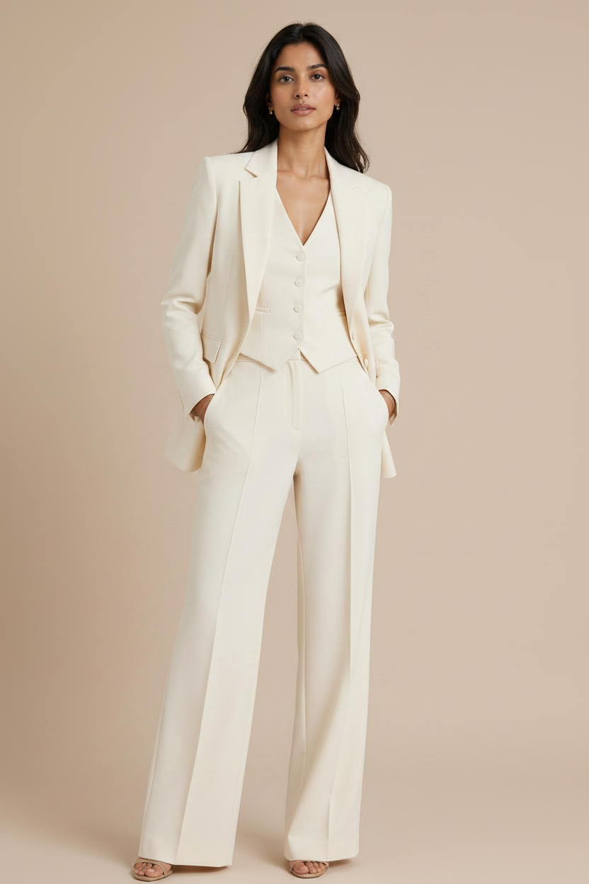 Off-white 3-piece suit set, front view with blazer open showing waistcoat | Beyond Formals