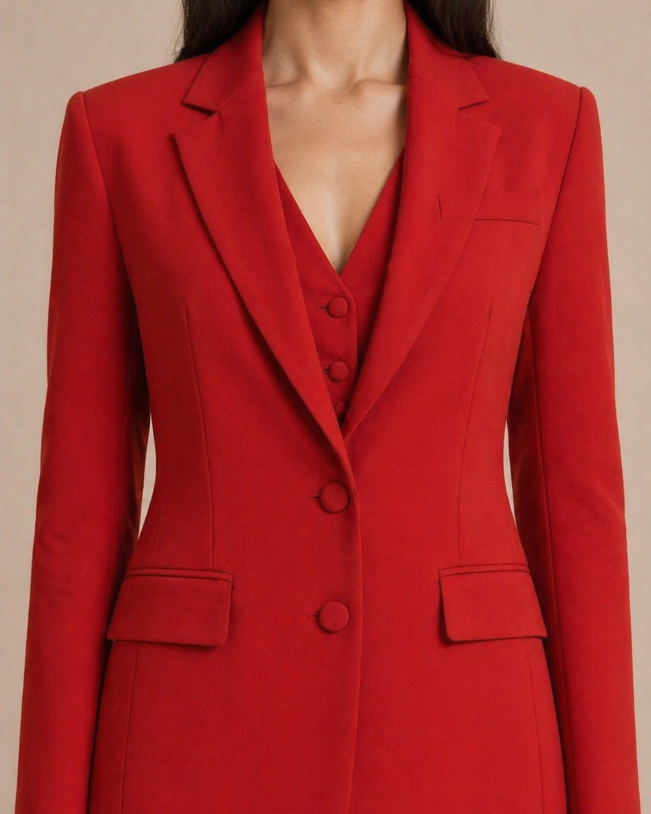 Red suit jacket with matching pants on a beige background