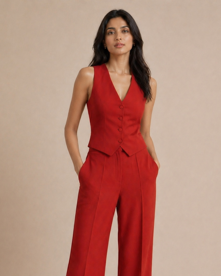 Woman wearing a red jumpsuit against a beige background