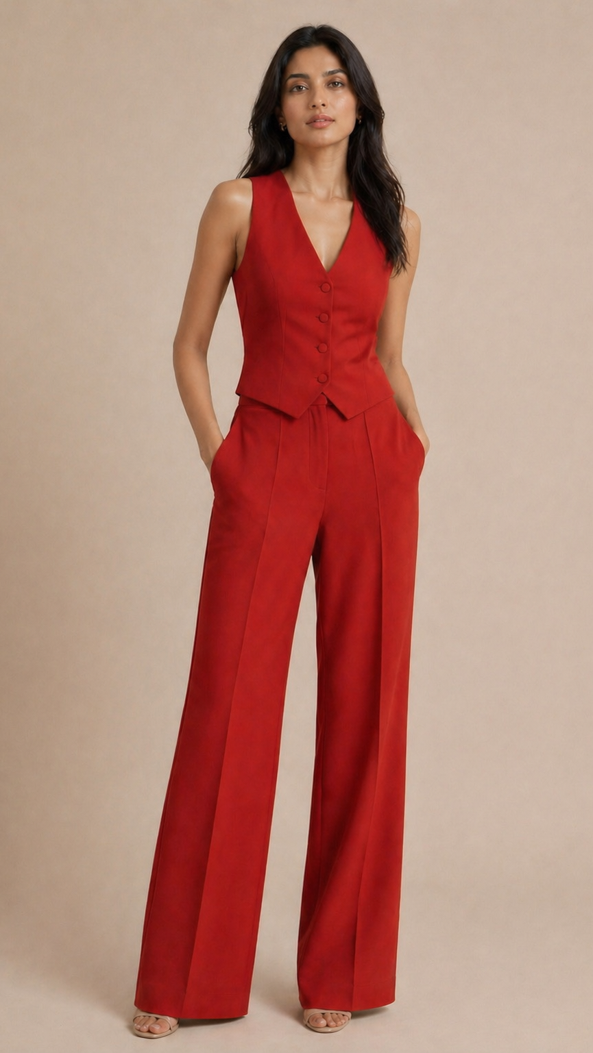 Woman wearing a red jumpsuit against a beige background