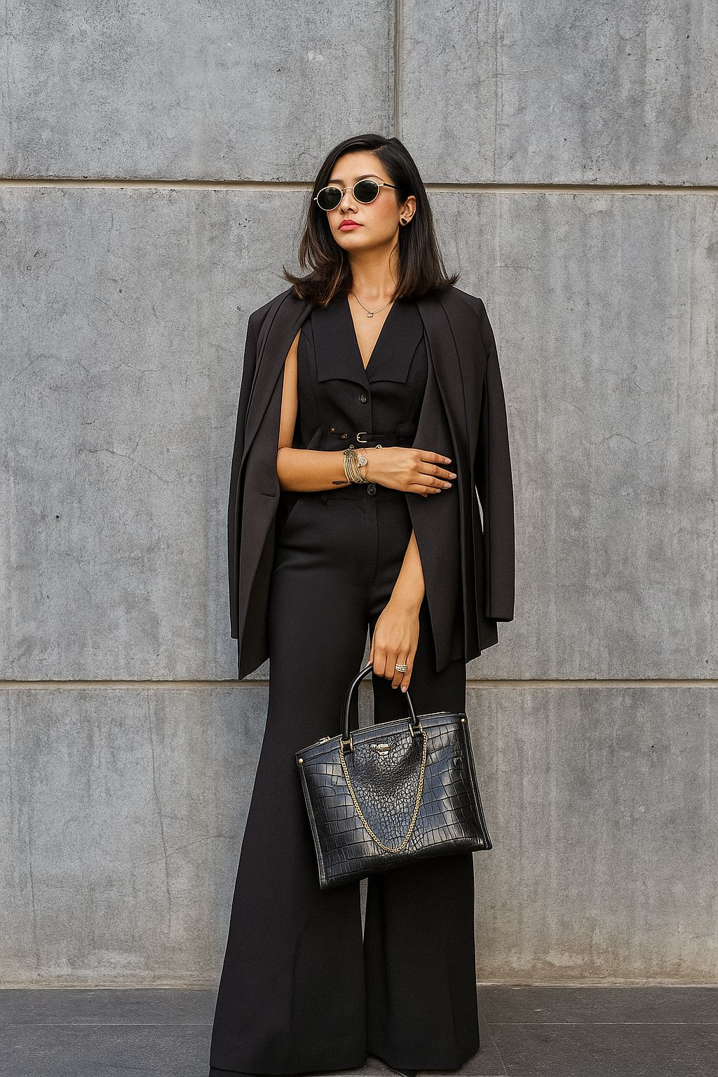 Black cape blazer and flared trouser set on model with black tote, full-length front view | Beyond Formals