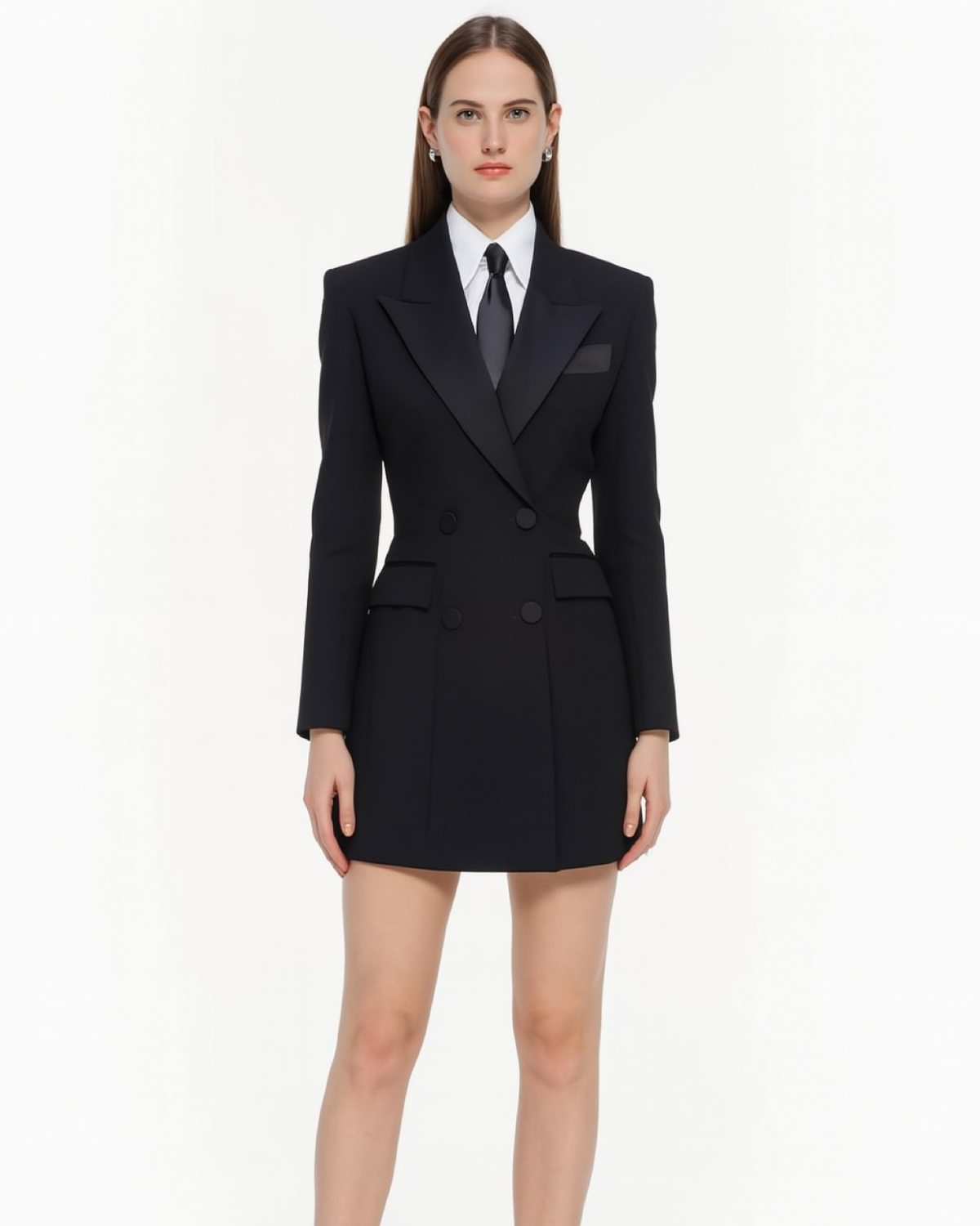 Black double-breasted blazer dress with satin lapels, white shirt and satin tie on model, full-length view | Beyond Formals