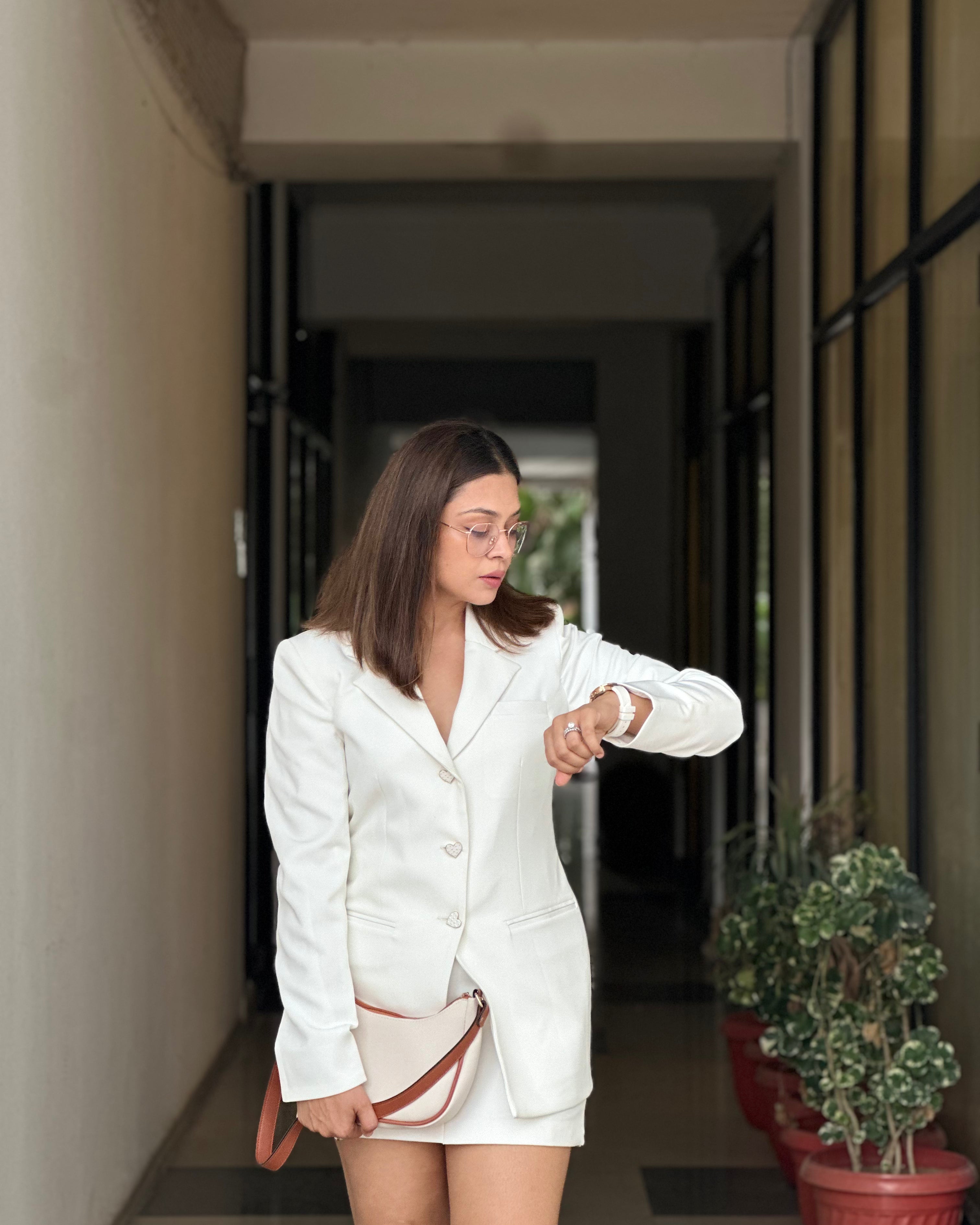 Ivory Luxe White Blazer with Skirt Set 🌻 Beyond Formals