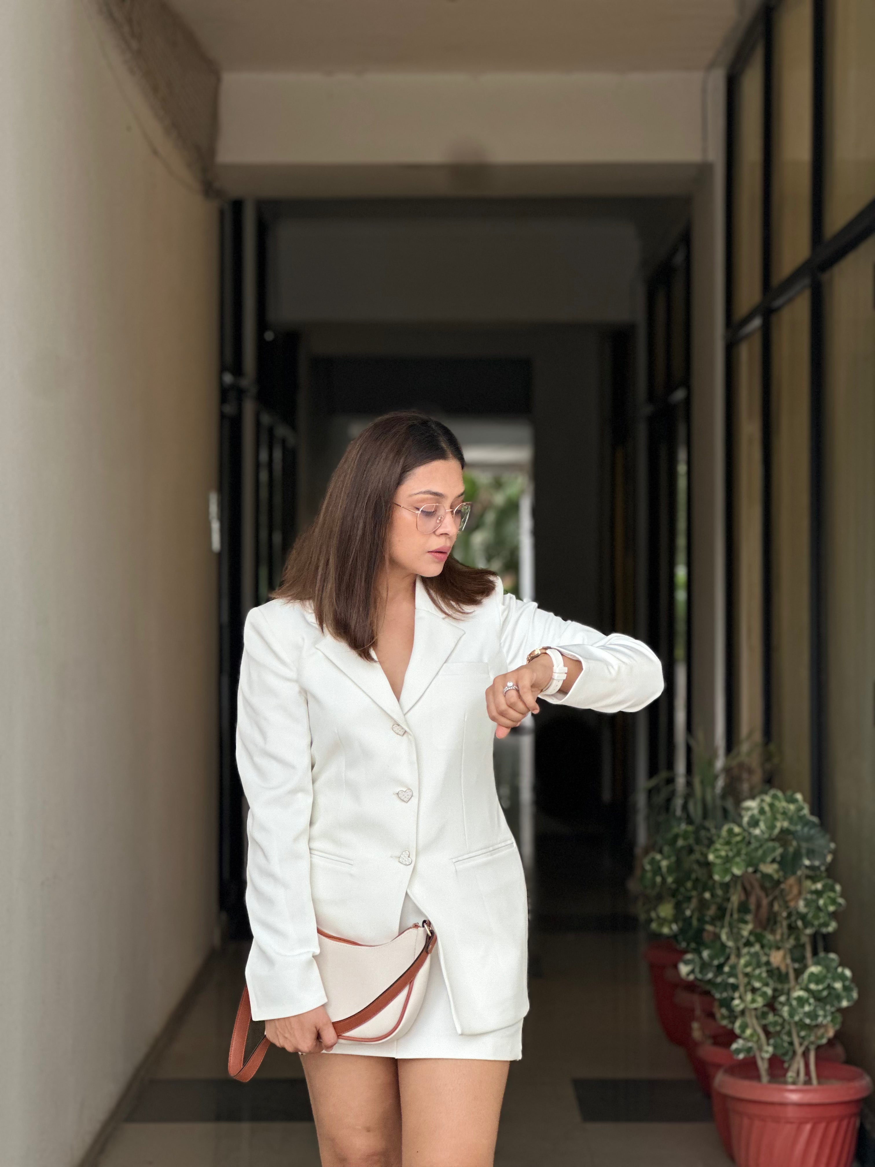 Ivory Luxe White Blazer with Skirt Set 🌻 Beyond Formals