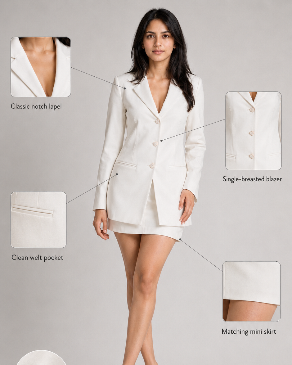 Ivory Structured Blazer with Mini Skirt Blazer Suit Set Beyond Formals
