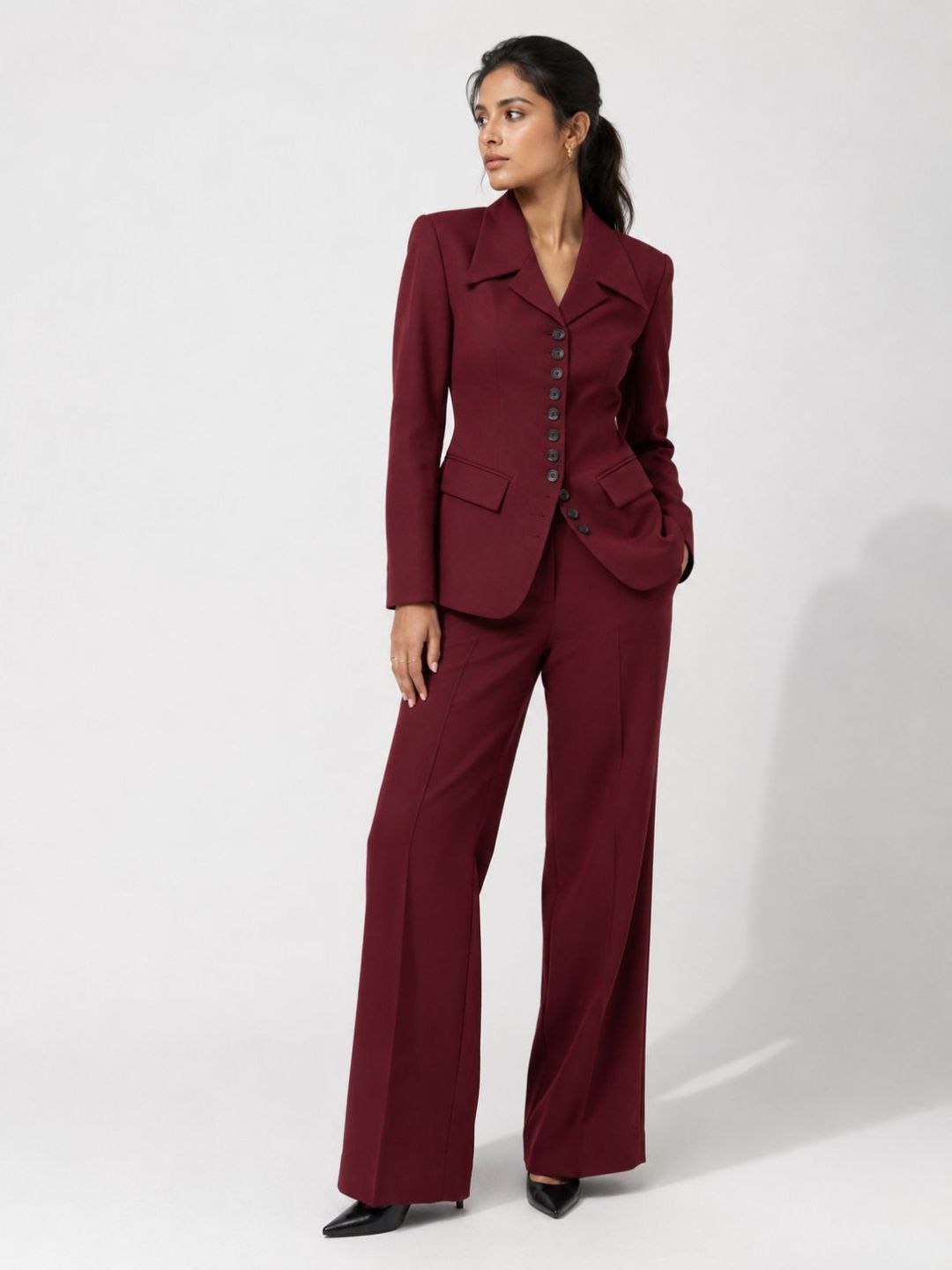 Maroon Longline Wide-Leg Pant Suit Set for Women, front view