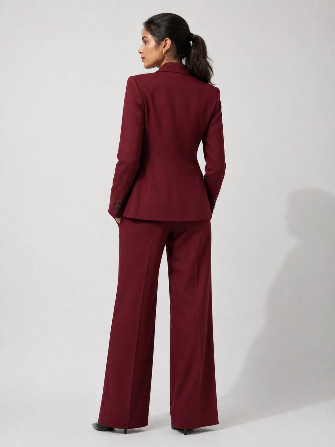 Maroon Longline Wide-Leg Pant Suit Set for Women, back view