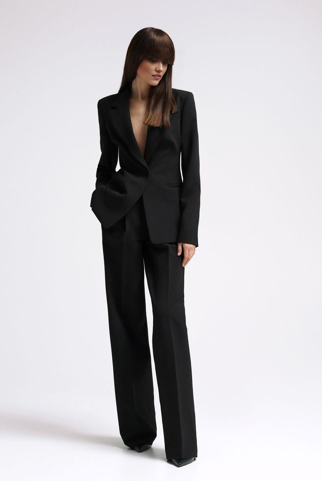 Women's black tailored blazer suit set with straight-fit trousers for office wear.