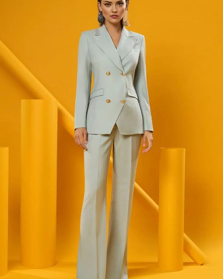 Women's mint blazer suit set with a modern tailored fit.