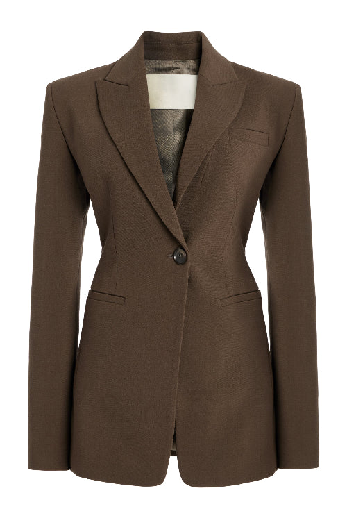 Women's brown fitted blazer with a notched lapel and single closure.