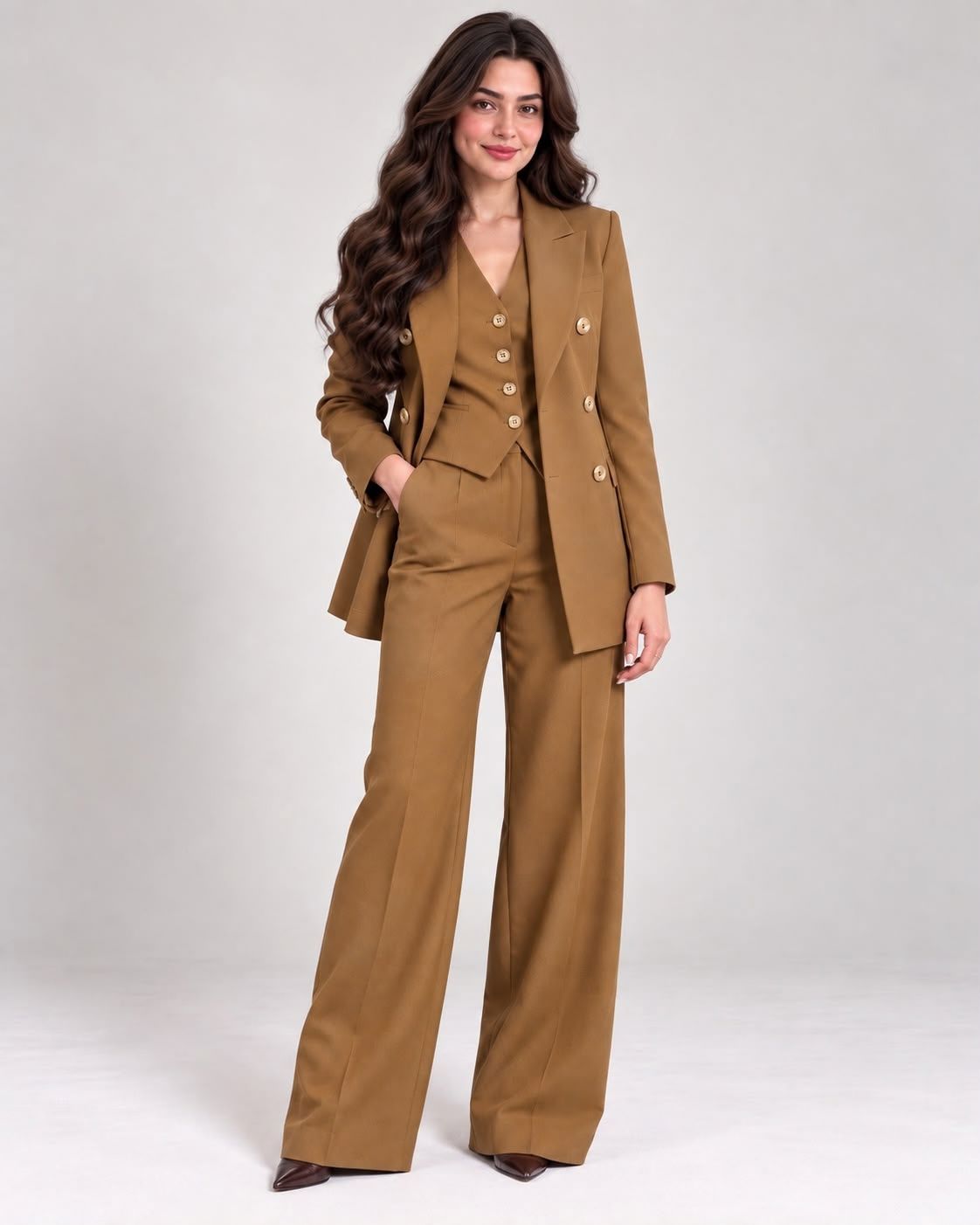 Mustard Double-Breasted 3-Piece Pant Suit Set, front view