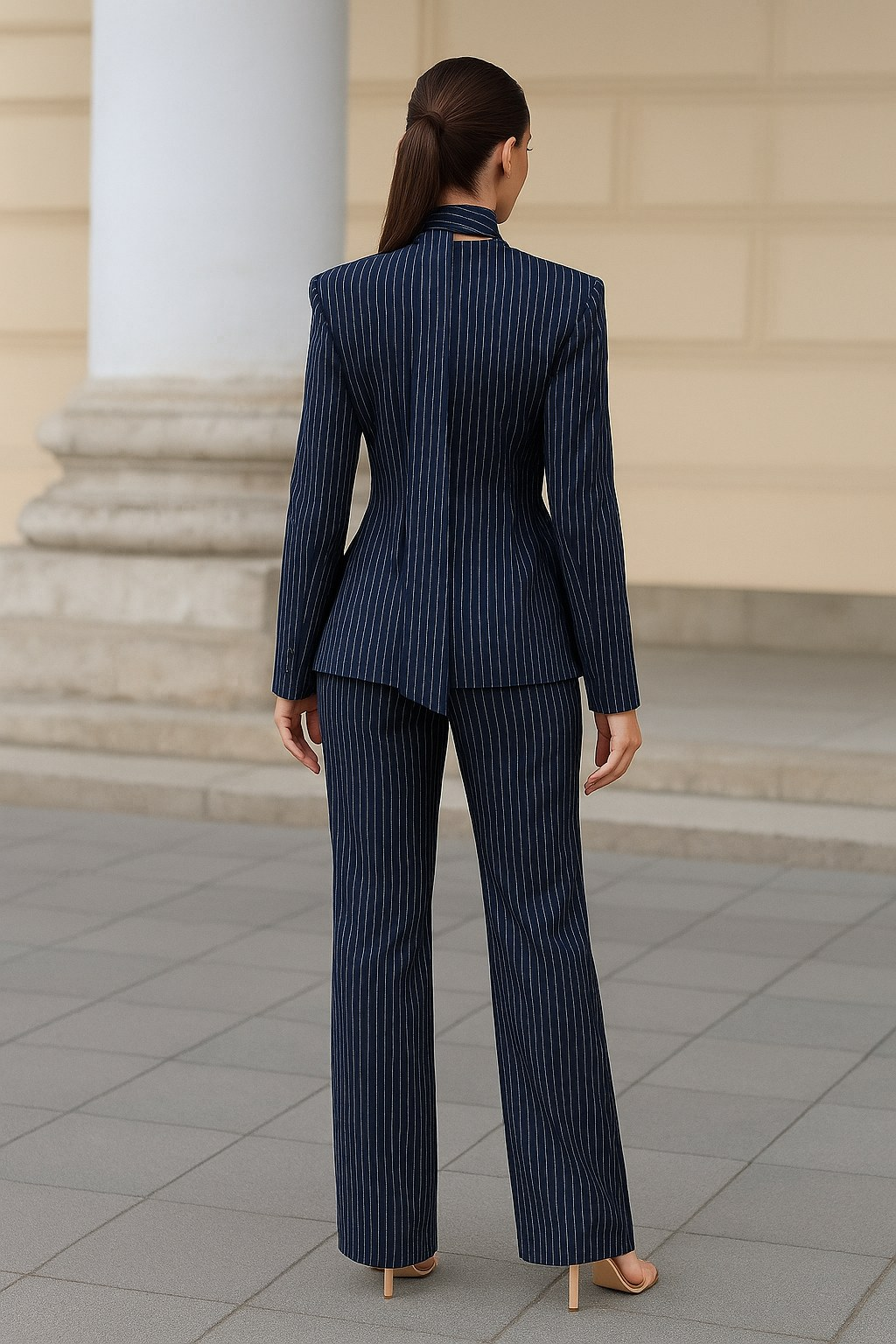 Navy blue pinstripe suit set on model, back view showing sculpted waist and straight-leg trousers | Beyond Formals