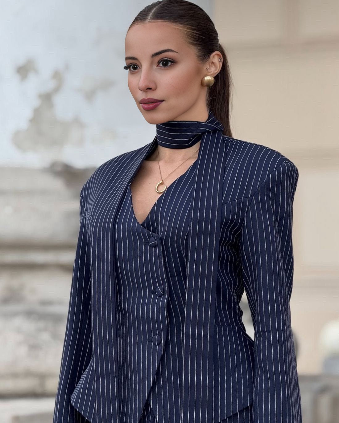 Navy Blue Vertical Stripe Suit Set