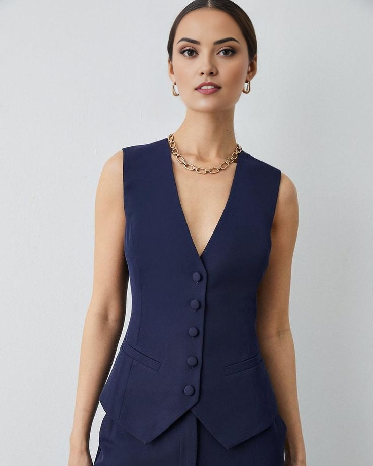 Women's navy blue cotton waistcoat with front pockets, perfect for summer formals.