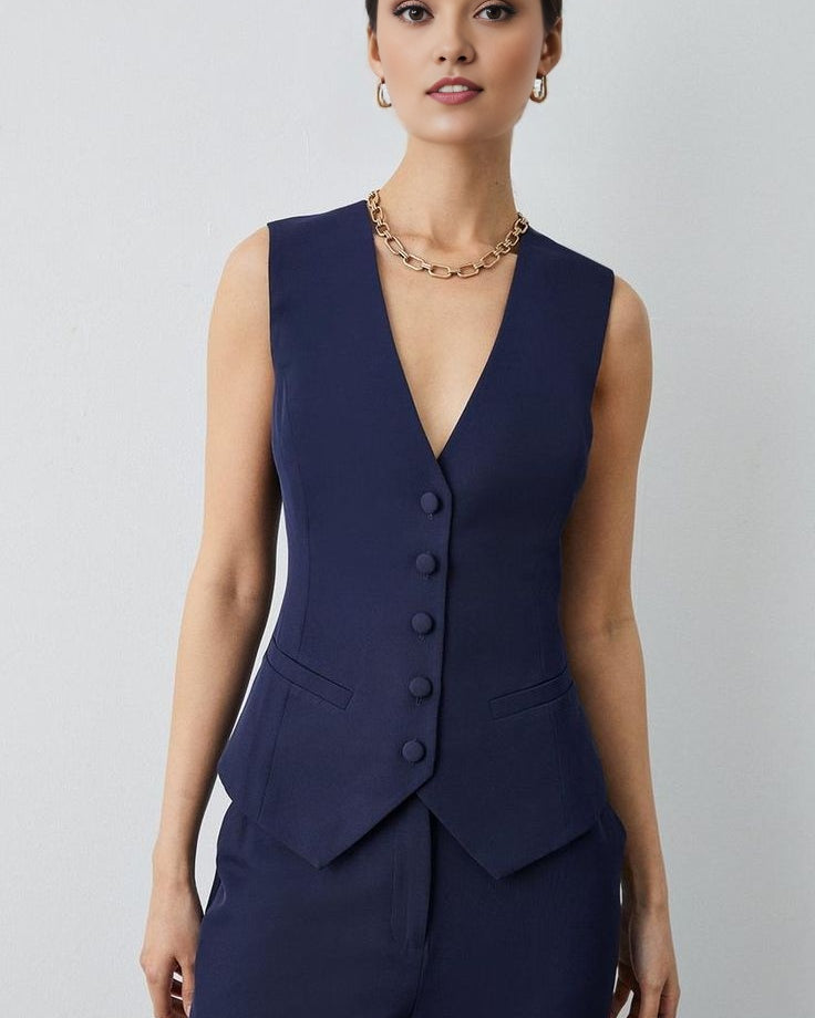 Women's navy blue cotton waistcoat with front pockets, perfect for summer formals.