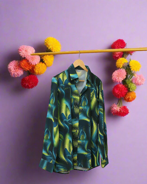 Printed silk satin shirt with long sleeves and a classic fit for evening styling.