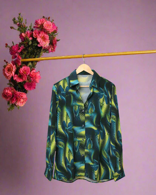 Printed silk satin shirt with long sleeves and a classic fit for evening styling.