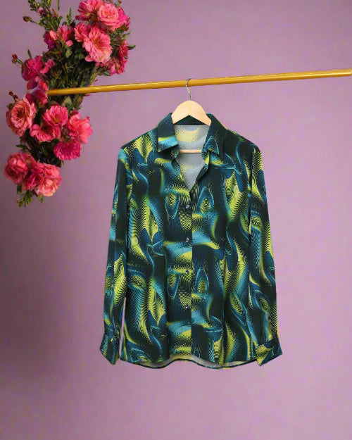 Printed silk satin shirt with long sleeves and a classic fit for evening styling.