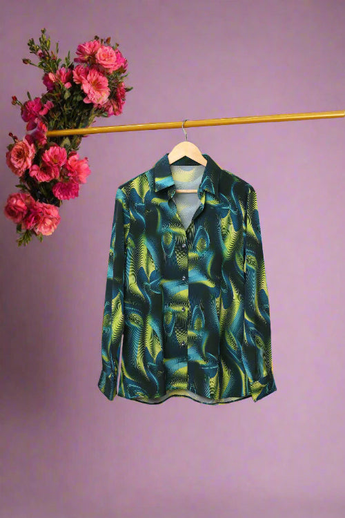 Printed silk satin shirt with long sleeves and a classic fit for evening styling.