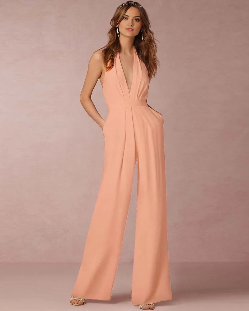Peach Wide Leg & Backless Halter Jumpsuit