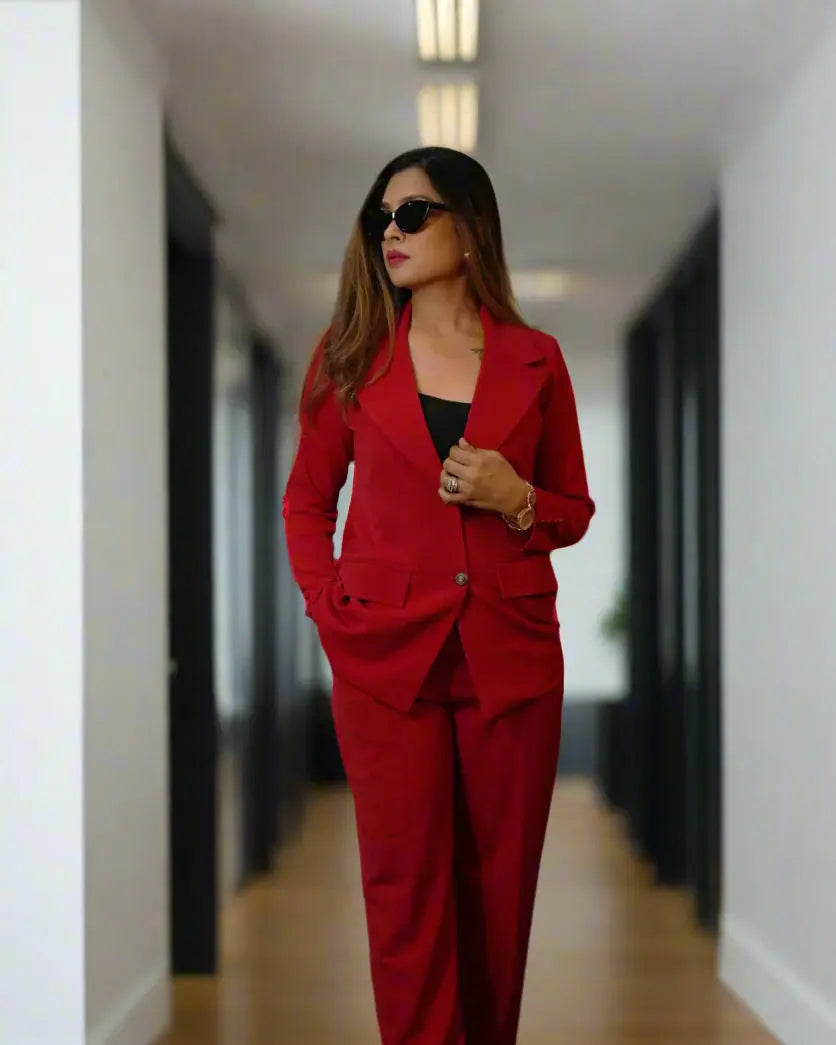 Bold red blazer suit set for corporate events.