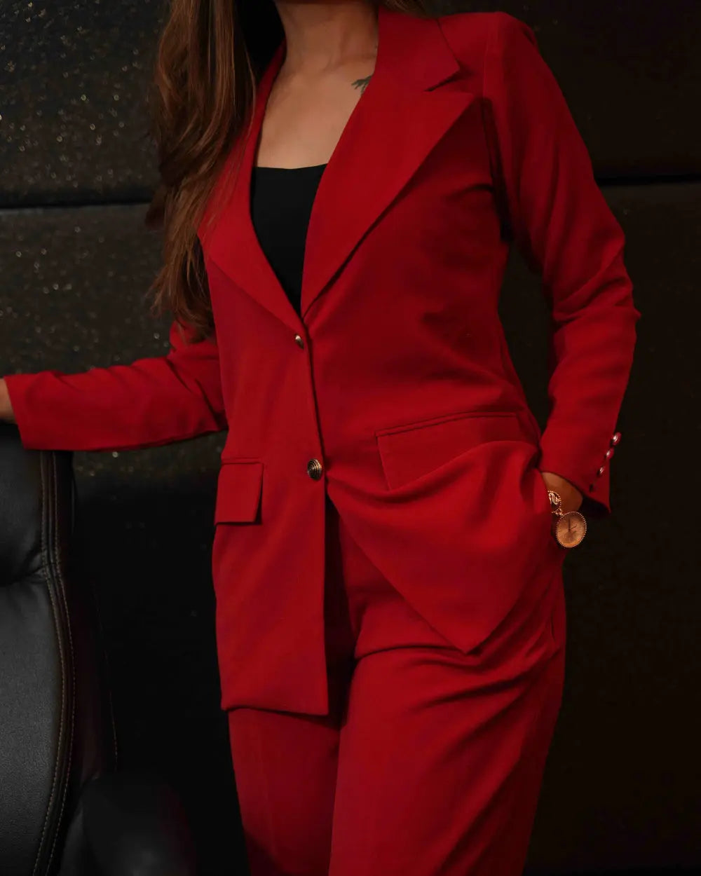 Bold red blazer suit set for corporate events.