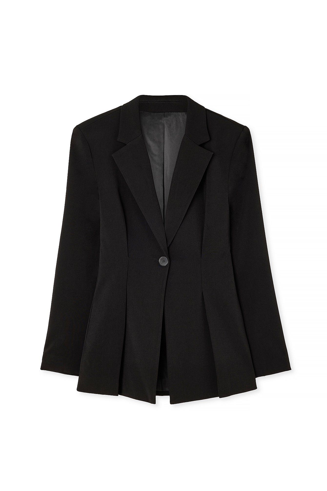 Women's black blazer with padded shoulders and a tailored fit.
