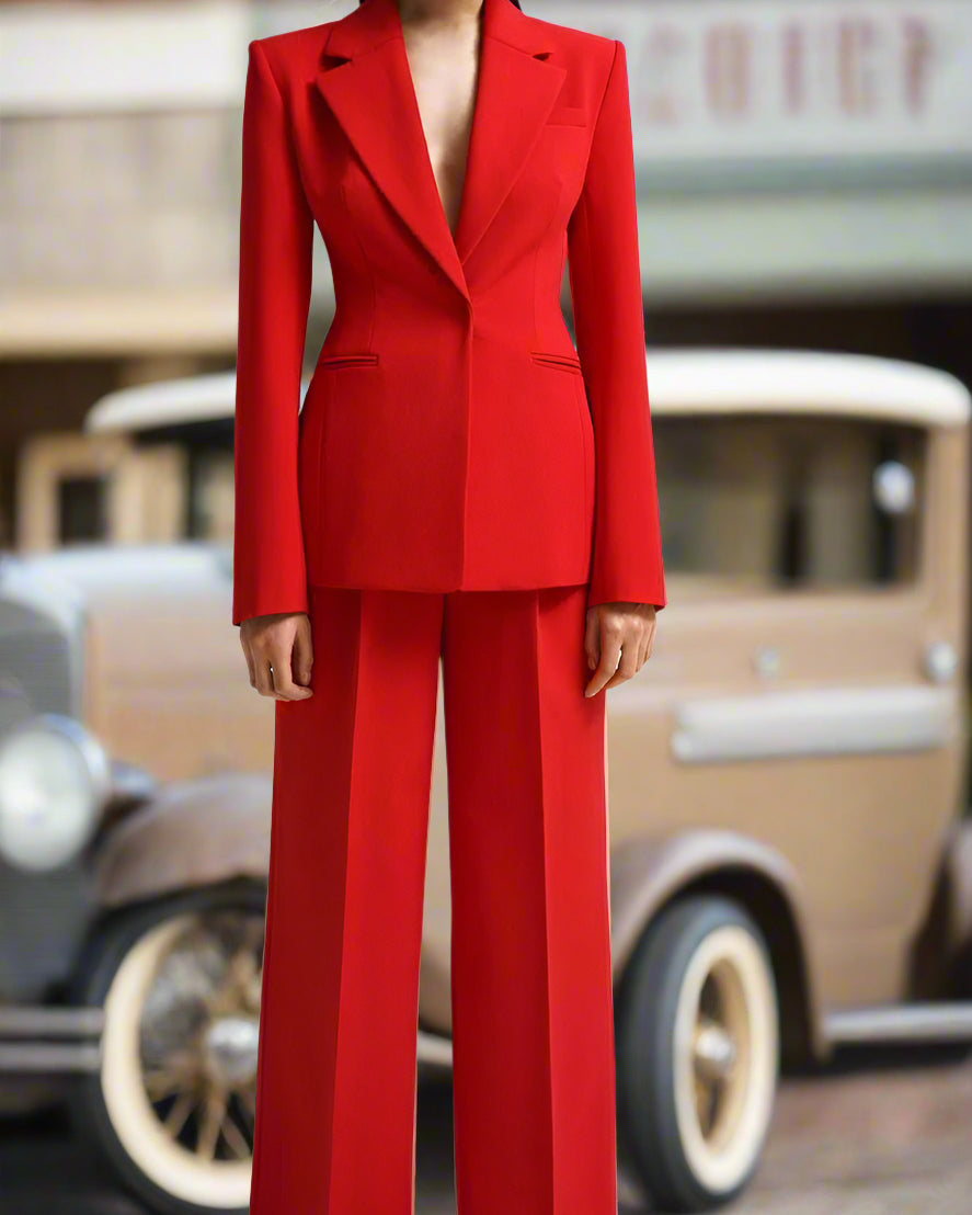 Women's blazer with padded shoulders and a tailored fit.