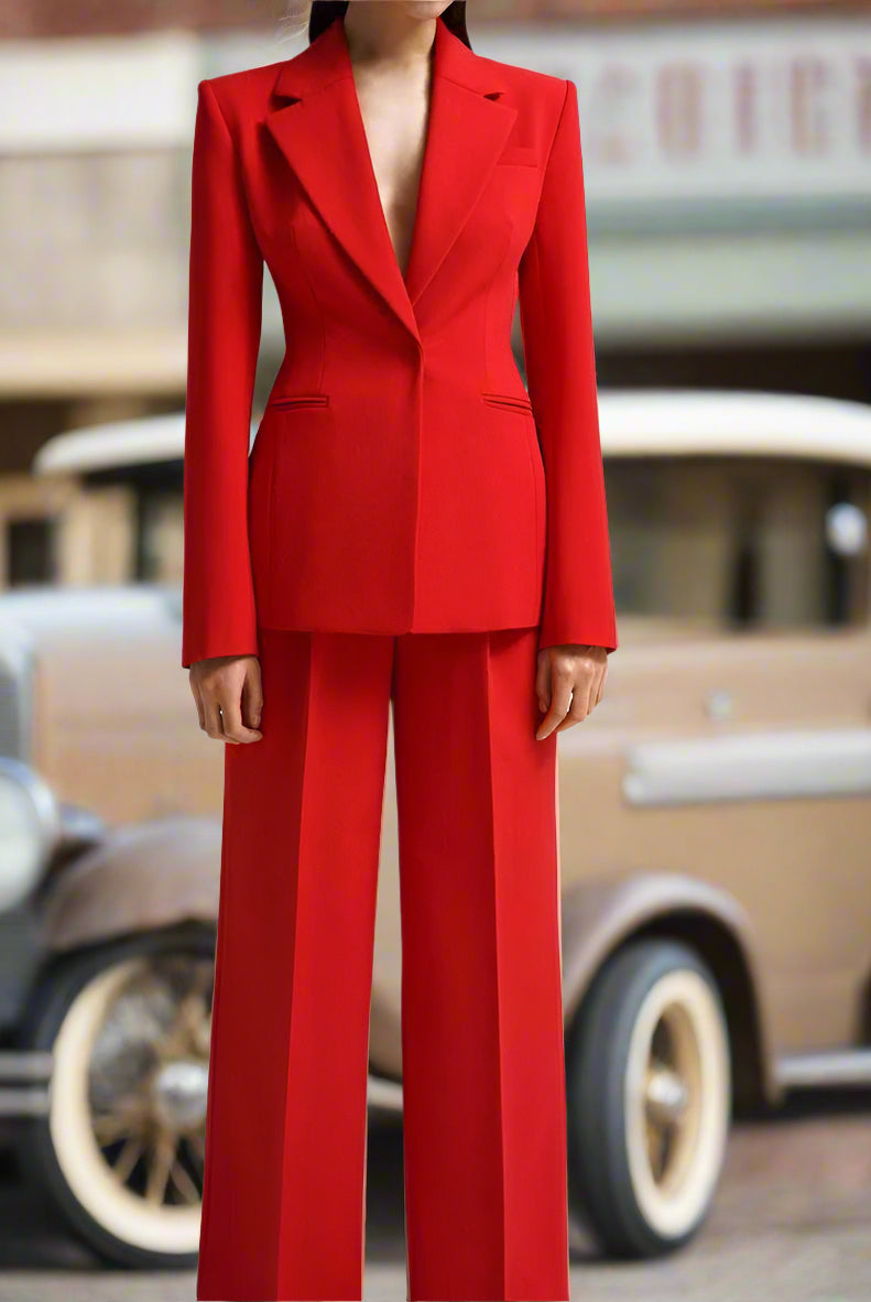 Women's blazer with padded shoulders and a tailored fit.